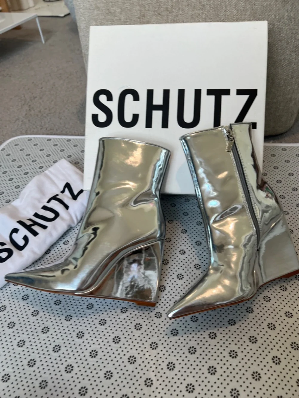 SCHUTZ Silver Metallic Pointed Wedge Ankle Boots